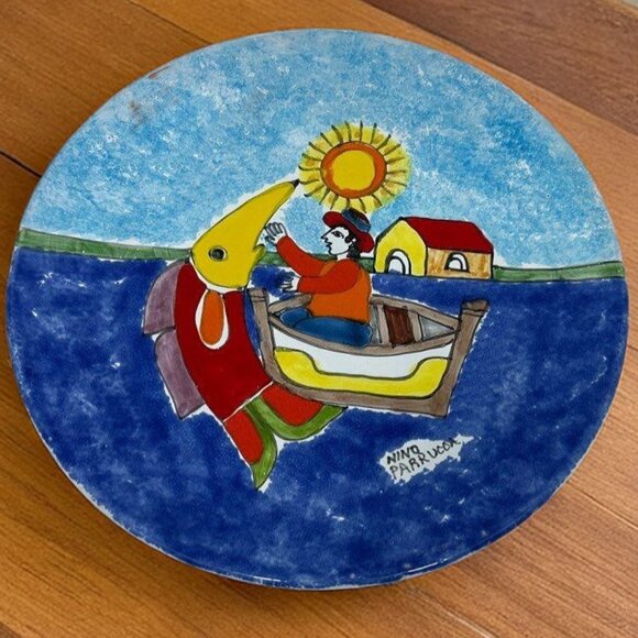 Nino Parrucca Pottery Modernist Plate 10.5" Made in Italy #214 Fisherman - Picture 1 of 9